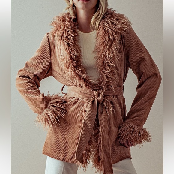 CHICBOMB Jackets & Blazers - HIPPIE FAUX FUR COAT WITH WAIST TIE - CAMEL
